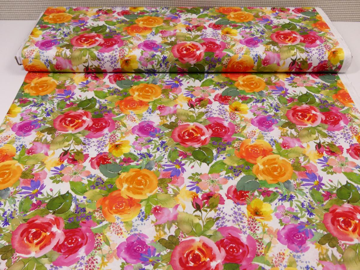 Patchworkstoff Clothworks Flowershop Rosen rot orange Ballenbreite